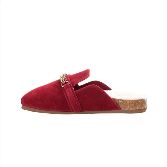 NEW Journee Collection Red Mule Flat Red Slip On Faux Fur Lining Gold Chain 9 - Picture 4 of 10